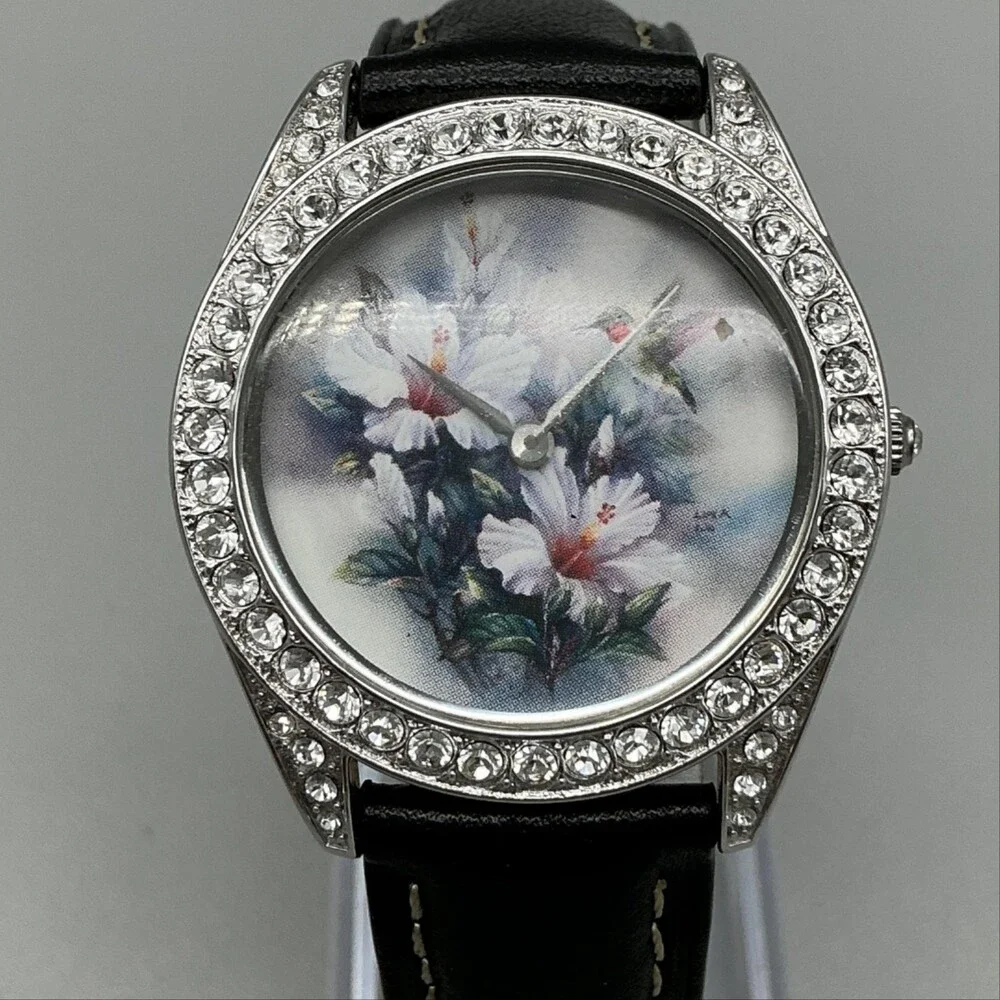 Lena Liu Hummingbird Womens Watch 35mm Floral Dial Black Leather New Battery